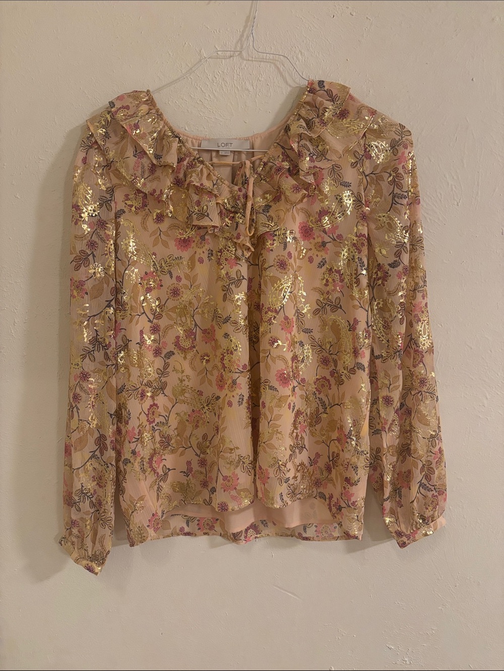 LOFT Cream Pink Floral Ruffle Blouse with Gold Accents